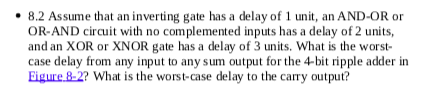 8.2 Assume that an inverting gate has a delay of 1 unit, an AND-OR or
OR-AND circuit with no complemented inputs has a delay of 2 units,
and an XOR or XNOR gate has a delay of 3 units. What is the worst-
case delay from any input to any sum output for the 4-bit ripple adder in
Figure 8-2? What is the worst-case delay to the carry output?
