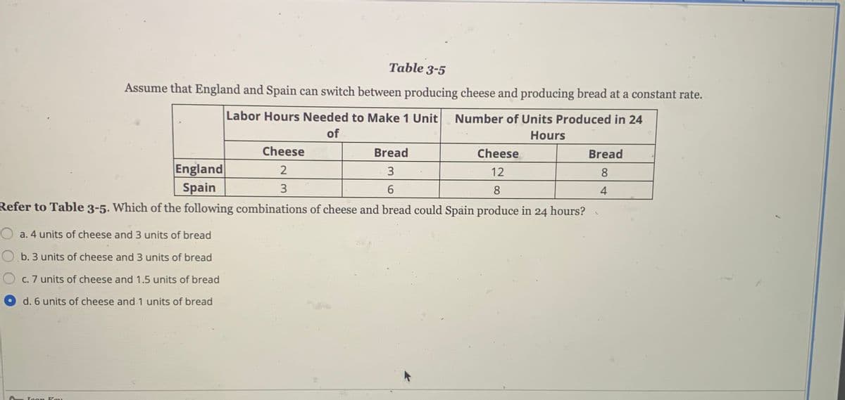 Table 3-5
Assume that England and Spain can switch between producing cheese and producing bread at a constant rate.
Labor Hours Needed to Make 1 Unit
Number of Units Produced in 24
of
Hours
Cheese
Bread
Cheese
Bread
England
2
3
12
8
Spain
3
6.
8
4
Refer to Table 3-5. Which of the following combinations of cheese and bread could Spain produce in 24 hours?
a. 4 units of cheese and 3 units of bread
b. 3 units of cheese and 3 units of bread
c. 7 units of cheese and 1.5 units of bread
d. 6 units of cheese and 1 units of bread
