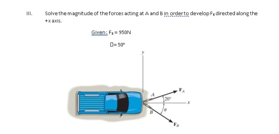 III.
Solve the magnitude of the forces acting at A and B in orderto develop FR directed along the
+x аxis.
Given: FR= 950N
O= 50°
20
FB
