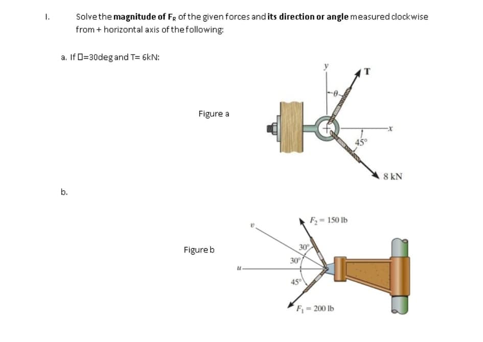 Solve the magnitude of FR of the given forces and its direction or angle measured clockwise
from + horizontal axis of the following:
1.
a. If D=30deg and T= 6kN:
Figure a
45°
8 kN
b.
F = 150 lb
Figure b
30
30
45
F=200 lb
