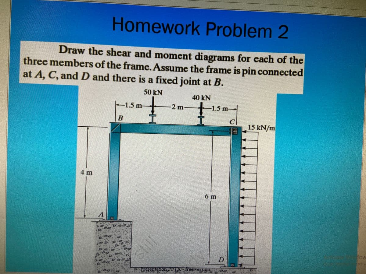 Homework Problem 2
Draw the shear and moment diagrams for each of the
three members of the frame. Assume the frame is pin connected
at A, C, andD and there is a fixed joint at B.
50 kN
40 kN
1.5 m-
2 m-
-1.5 m-
15 kN/m
4 m
6 m
widow
activ
Presentation PPTX-reeversion. 000
B.
