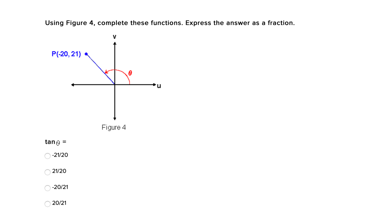 Using Figure 4, complete these functions. Express the answer as a fraction.
V
P(-20, 21) a
Figure 4
tane =
O -21/20
21/20
-20/21
20/21
