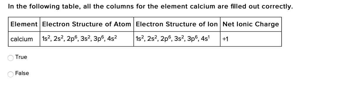 In the following table, all the columns for the element calcium are filled out correctly.
Element Electron Structure of Atom Electron Structure of lon Net lonic Charge
calcium
1s?, 2s?, 2pº, 3s?, 3pº, 4s?
1s?, 2s?, 2pº, 3s², 3pº, 4s'
+1
True
False
