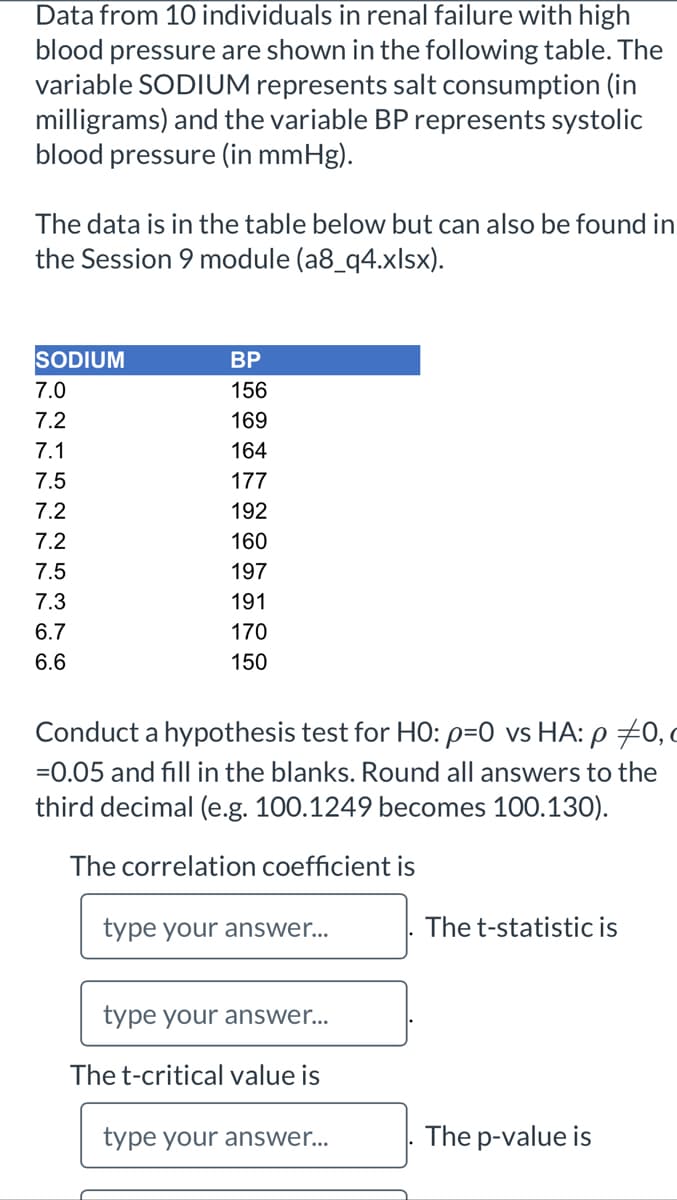 Data from 10 individuals in renal failure with high
blood pressure are shown in the following table. The
variable SODIUM represents salt consumption (in
milligrams) and the variable BP represents systolic
blood pressure (in mmHg).
The data is in the table below but can also be found in
the Session 9 module (a8_q4.xlsx).
SODIUM
ВР
7.0
156
7.2
169
7.1
164
7.5
177
7.2
192
7.2
160
7.5
197
7.3
191
6.7
170
6.6
150
Conduct a hypothesis test for HO: p=0 vs HA: p 0, c
=0.05 and fill in the blanks. Round all answers to the
third decimal (e.g. 100.1249 becomes 100.130).
The correlation coefficient is
type your answer...
The t-statistic is
type your answer..
The t-critical value is
type your answer...
The p-value is
