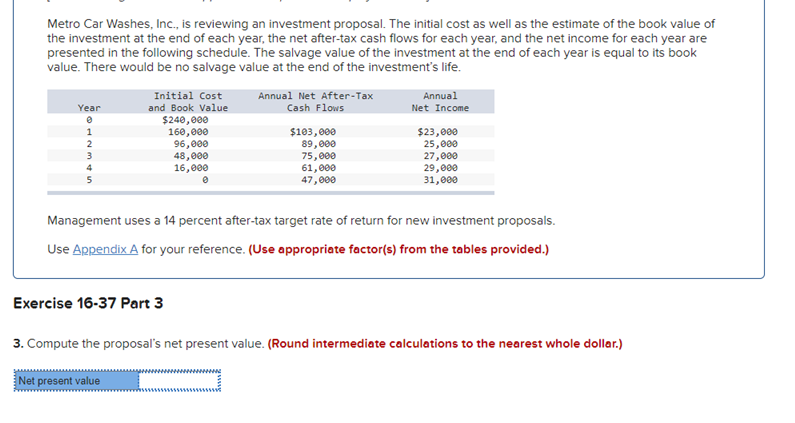 Metro Car Washes, Inc., is reviewing an investment proposal. The initial cost as well as the estimate of the book value of
the investment at the end of each year, the net after-tax cash flows for each year, and the net income for each year are
presented in the following schedule. The salvage value of the investment at the end of each year is equal to its book
value. There would be no salvage value at the end of the investment's life.
Year
0
12345
Initial Cost
and Book Value
$240,000
160,000
96,000
48,000
16,000
Exercise 16-37 Part 3
Net present value
Annual Net After-Tax
Cash Flows
$103,000
89,000
75,000
61,000
47,000
Annual
Net Income
Management uses a 14 percent after-tax target rate of return for new investment proposals.
Use Appendix A for your reference. (Use appropriate factor(s) from the tables provided.)
$23,000
25,000
27,000
29,000
31,000
3. Compute the proposal's net present value. (Round intermediate calculations to the nearest whole dollar.)