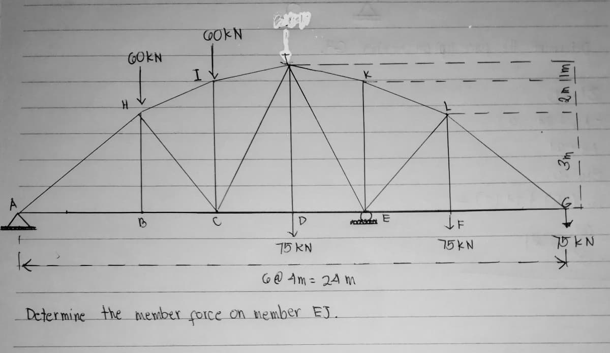 OOKN
GOKN
K
B
75KN
75KN
75 KN
G@ Am = 24 m
%3D
Determine the Miember force on member EJ.
