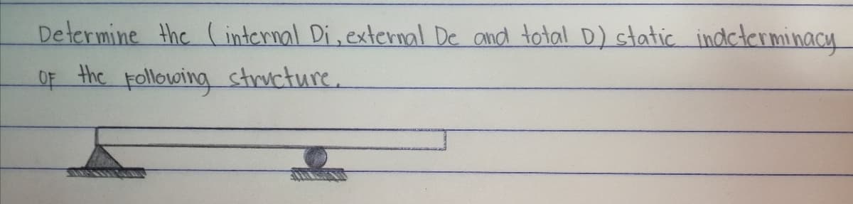 Determine the (internal Di, external De and total D) static indcterminacy
OF the Following structure.
