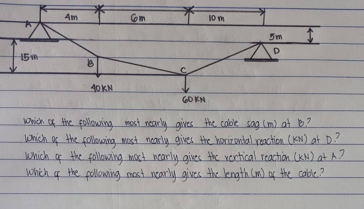 Am
10 m
5m
15m
40KN
GD KN
Which of the following
which of the following mnst
Which of the following moct nearly gives the rertical reachón (KN) at A?
which q the pollowing most nearly gives the length Cm) of the calble?
most nearly gives the cable sag (m) at B?
nearly gives the horiz ontal reaction (KN) at D.?
