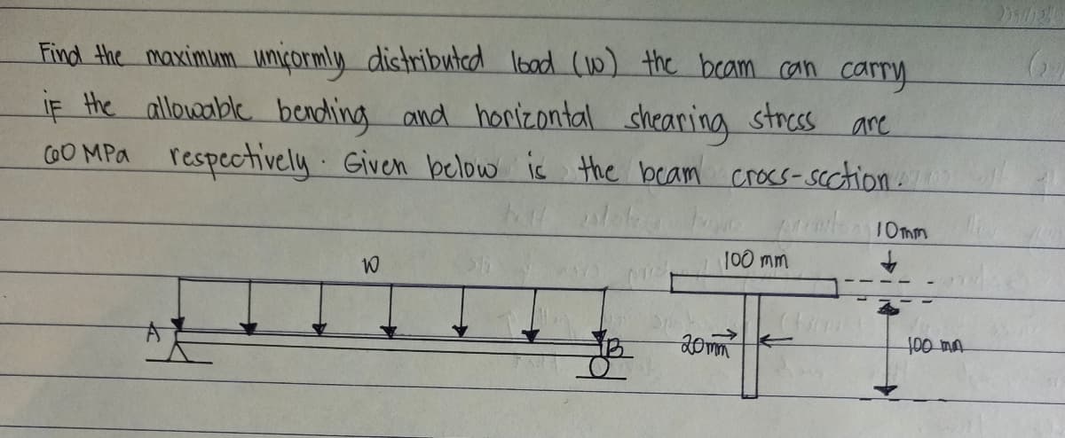 Find the maximum unicormly distributed Ibad (1w) the beam can carry
stress are
iF He alloable bending and horizontal shearing .
GO MPa respectively. Given below is the beam crocs-scction.O
10mm
100 mm
20mm
