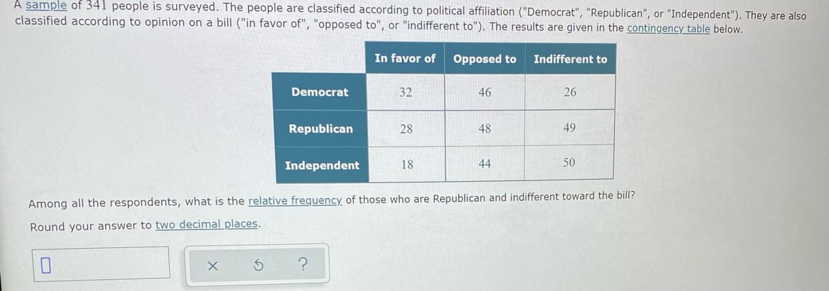 A sample of 341 people is surveyed. The people are classified according to political affiliation ("Democrat", "Republican", or "Independent"). They are also
classified according to opinion on a bill ("in favor of", "opposed to", or "indifferent to"). The results are given in the contingency table below.
In favor of
Opposed to
Indifferent to
Democrat
32
46
26
Republican
28
48
49
Independent
18
44
50
Among all the respondents, what is the relative frequency of those who are Republican and indifferent toward the bill?
Round your answer to two decimal places.
S
