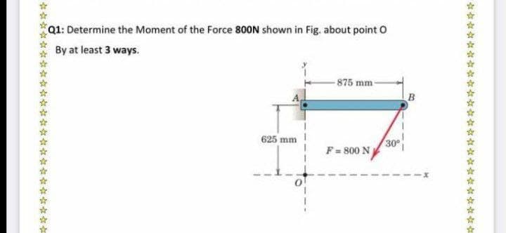 Q1: Determine the Moment of the Force 800N shown in Fig. about point O
By at least 3 ways.
875 mm-
625 mm
30°
F= 800 N
*** *
