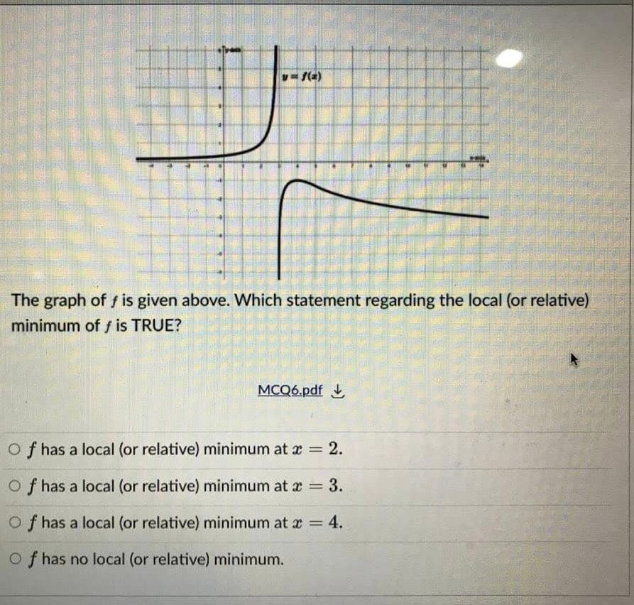 The graph of f is given above. Which statement regarding the local (or relative)
minimum of f is TRUE?
MCQ6.pdf
Of has a local (or relative) minimum at x = 2.
of has a local (or relative) minimum at r 3.
%3D
Of has a local (or relative) minimum at x = 4.
O f has no local (or relative) minimum.
