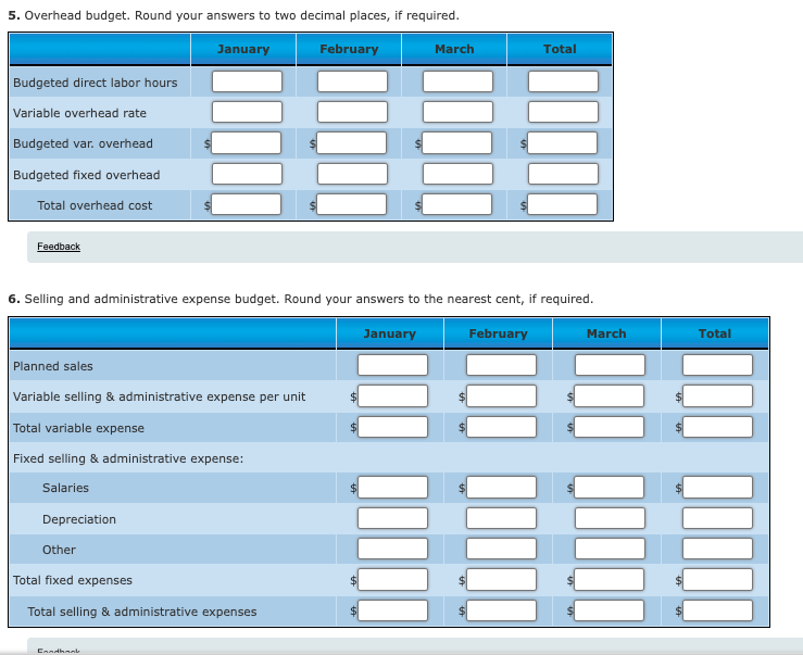 5. Overhead budget. Round your answers to two decimal places, if required.
January
February
March
Total
Budgeted direct labor hours
Variable overhead rate
Budgeted var. overhead
Budgeted fixed overhead
Total overhead cost
Feedback
6. Selling and administrative expense budget. Round your answers to the nearest cent, if required.
January
February
March
Total
Planned sales
Variable selling & administrative expense per unit
Total variable expense
Fixed selling & administrative expense:
Salaries
Depreciation
Other
Total fixed expenses
Total selling & administrative expenses
Enndhank
