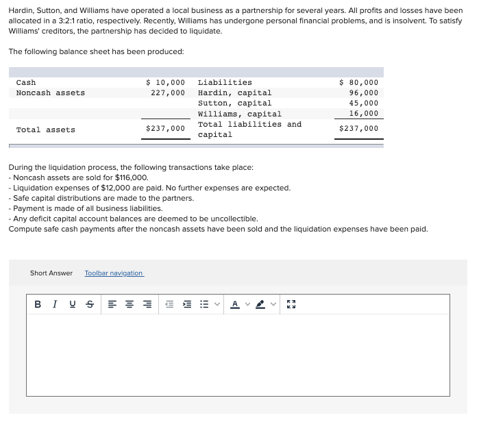 Hardin, Sutton, and Williams have operated a local business as a partnership for several years. All profits and losses have been
allocated in a 3:2:1 ratio, respectively. Recently, Williams has undergone personal financial problems, and is insolvent. To satisfy
Williams' creditors, the partnership has decided to liquidate.
The following balance sheet has been produced:
$ 10,000
$ 80,000
Cash
Liabilities
Noncash assets
227,000
Hardin, capital
Sutton, capital
96,000
45,000
16,000
williams, capital
Total liabilities and
Total assets
$237,000
$237,000
capital
During the liquidation process, the following transactions take place:
- Noncash assets are sold for $116,000.
Liquidation expenses of $12,000 are paid. No further expenses are expected.
- Safe capital distributions are made to the partners.
- Payment is made of all business liabilities.
- Any deficit capital account balances are deemed to be uncollectible.
Compute safe cash payments after the noncash assets have been sold and the liquidation expenses have been paid.
Short Answer
Toolbar navigation
BI U S : E E
A
>
!!
