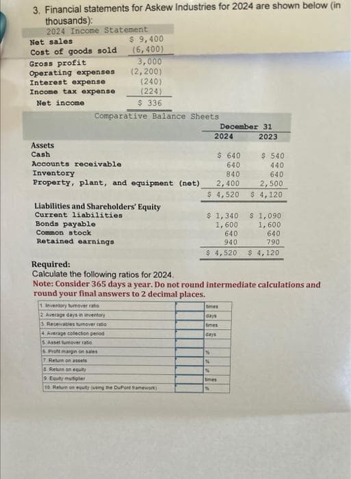 3. Financial statements for Askew Industries for 2024 are shown below (in
thousands):
2024 Income Statement
Net sales
Cost of goods sold
Gross profit
Operating expenses
Interest expense
Income tax expense
Net income
Assets
Cash
$ 9,400
(6,400)
3,000
(2,200)
Comparative Balance Sheets
(240)
(224)
$ 336
Accounts receivable
Inventory
Property, plant, and equipment (net)
Liabilities and Shareholders' Equity
Current liabilities.
Bonds payable
Common stock
Retained earnings
1. Inventory turnover ratio
2. Average days in inventory
3. Receivables turnover ratio
Required:
Calculate the following ratios for 2024.
4. Average collection period
5. Asset tumover ratio
6. Prott margin on sales
7. Return on assets
6. Return on equity
9 Equity multipler
10. Return on equity (using the DuPont framework)
2024
December 31
$ 640
640
840
2,400
$ 4,520
$ 1,340
1,600
640
940
$ 4,520
times
days
times
days
Note: Consider 365 days a year. Do not round intermediate calculations and
round your final answers to 2 decimal places.
%
N
N
times
2023
$ 540
440
640
2,500
$ 4,120
$ 1,090
1,600
640
790
$4,120