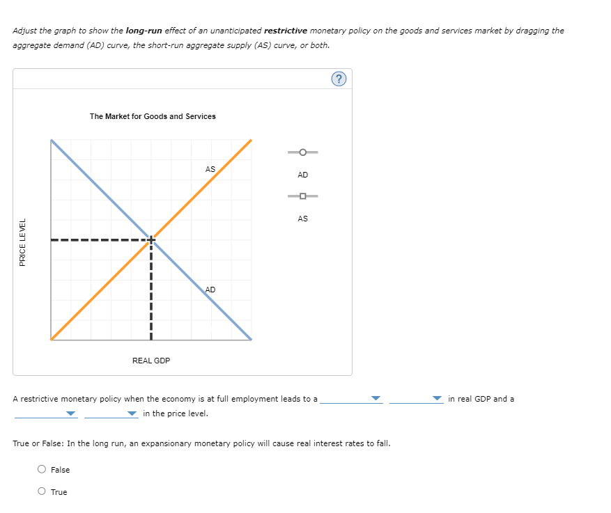 Adjust the graph to show the long-run effect of an unanticipated restrictive monetary policy on the goods and services market by dragging the
aggregate demand (AD) curve, the short-run aggregate supply (AS) curve, or both.
PRICE LEVEL
The Market for Goods and Services
False
REAL GDP
True
AS
AD
AD
D
A restrictive monetary policy when the economy is at full employment leads to a
in the price level.
AS
True or False: In the long run, an expansionary monetary policy will cause real interest rates to fall.
?
in real GDP and a