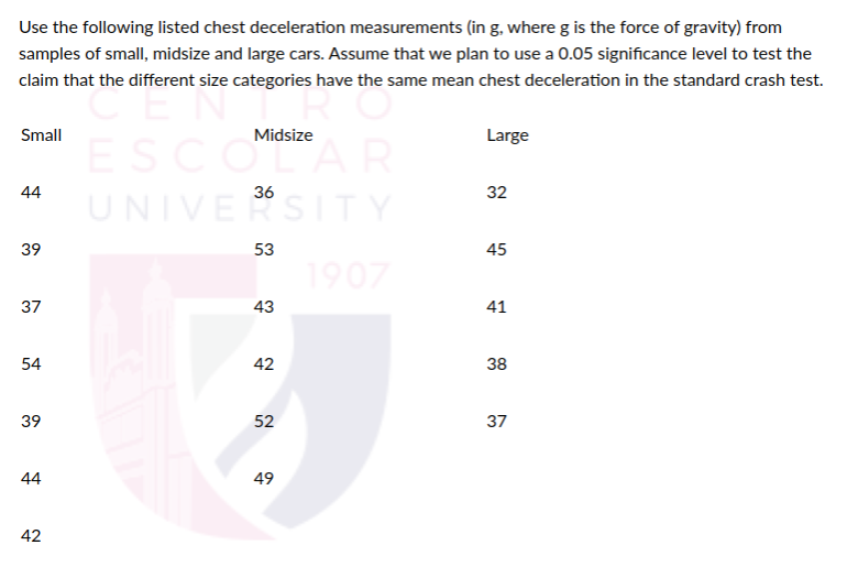 Use the following listed chest deceleration measurements (in g, where g is the force of gravity) from
samples of small, midsize and large cars. Assume that we plan to use a 0.05 significance level to test the
claim that the different size categories have the same mean chest deceleration in the standard crash test.
Small
Midsize
Large
ESCOLAR
UNIVERSITY
44
36
32
39
53
45
1907
37
43
41
54
42
38
39
52
37
44
49
42
