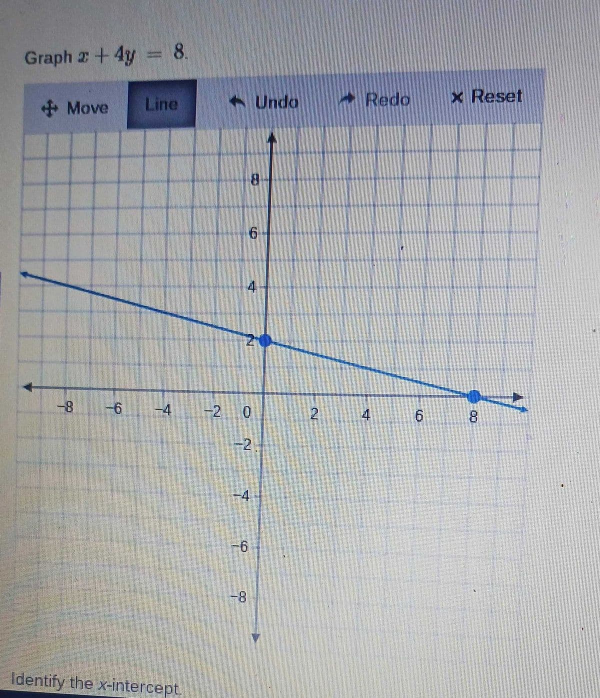 Graph + 4y = 8.
+Move
-8
-6
Line
-4
Identify the x-intercept.
N
◆Undo
8
6
4
0
-2-
-4
-6
-8
2
Redo
4
6
x Reset