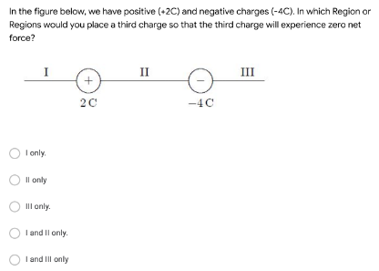 In the figure below, we have positive (+2C) and negative charges (-4C). In which Region or
Regions would you place a third charge so that the third charge will experience zero net
force?
I
II
III
20
-4C
I only.
Il only
III only.
I and Il only.
I and Il only
