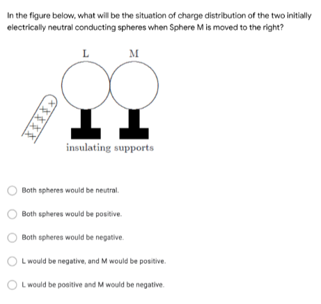 In the figure below, what will be the situation of charge distribution of the two initially
electrically neutral conducting spheres when Sphere M is moved to the right?
L
M
insulating supports
Both spheres would be neutral.
Both spheres would be positive.
Both spheres would be negative.
L would be negative, and M would be positive.
L would be positive and M would be negative.
