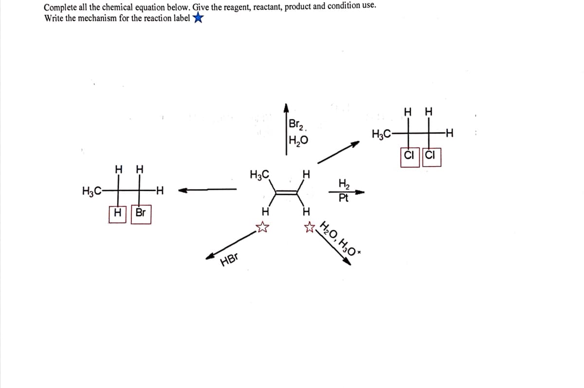 Complete all the chemical equation below. Give the reagent, reactant, product and condition use.
Write the mechanism for the reaction label *
нн
Br,.
H,0
H3C-
-H-
CI ČI
H H
H3C
H
H3C-
Pt
Br
x20, H;O*
HBr
