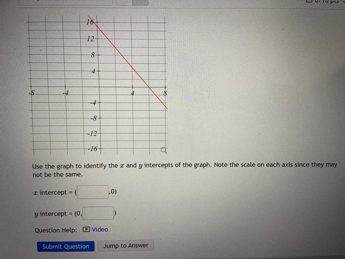 12
4
-8
-4
4
8.
-4-
-12
-164
Use the graph to identify the x and y intercepts of the graph. Note the scale on each axis since they may
not be the same.
x intercept =
,0)
y intercept = (0,
%3D
Question Help: D Video
Submit Question
Jump to Answer
