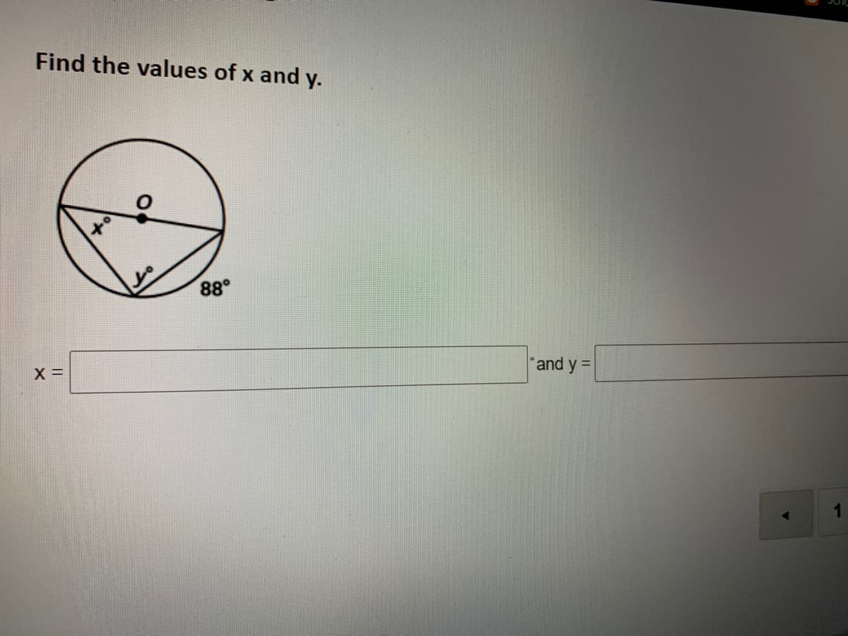 Find the values of x and y.
88°
and y =
