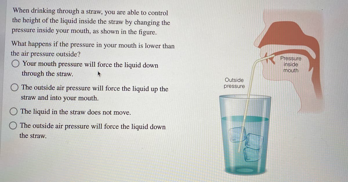 When drinking through a straw, you are able to control
the height of the liquid inside the straw by changing the
pressure inside your mouth, as shown in the figure.
What happens if the pressure in your mouth is lower than
the air pressure outside?
Pressure
inside
O Your mouth pressure will force the liquid down
through the straw.
mouth
Outside
The outside air pressure will force the liquid up the
pressure
straw and into your mouth.
The liquid in the straw does not move.
The outside air pressure will force the liquid down
the straw.
