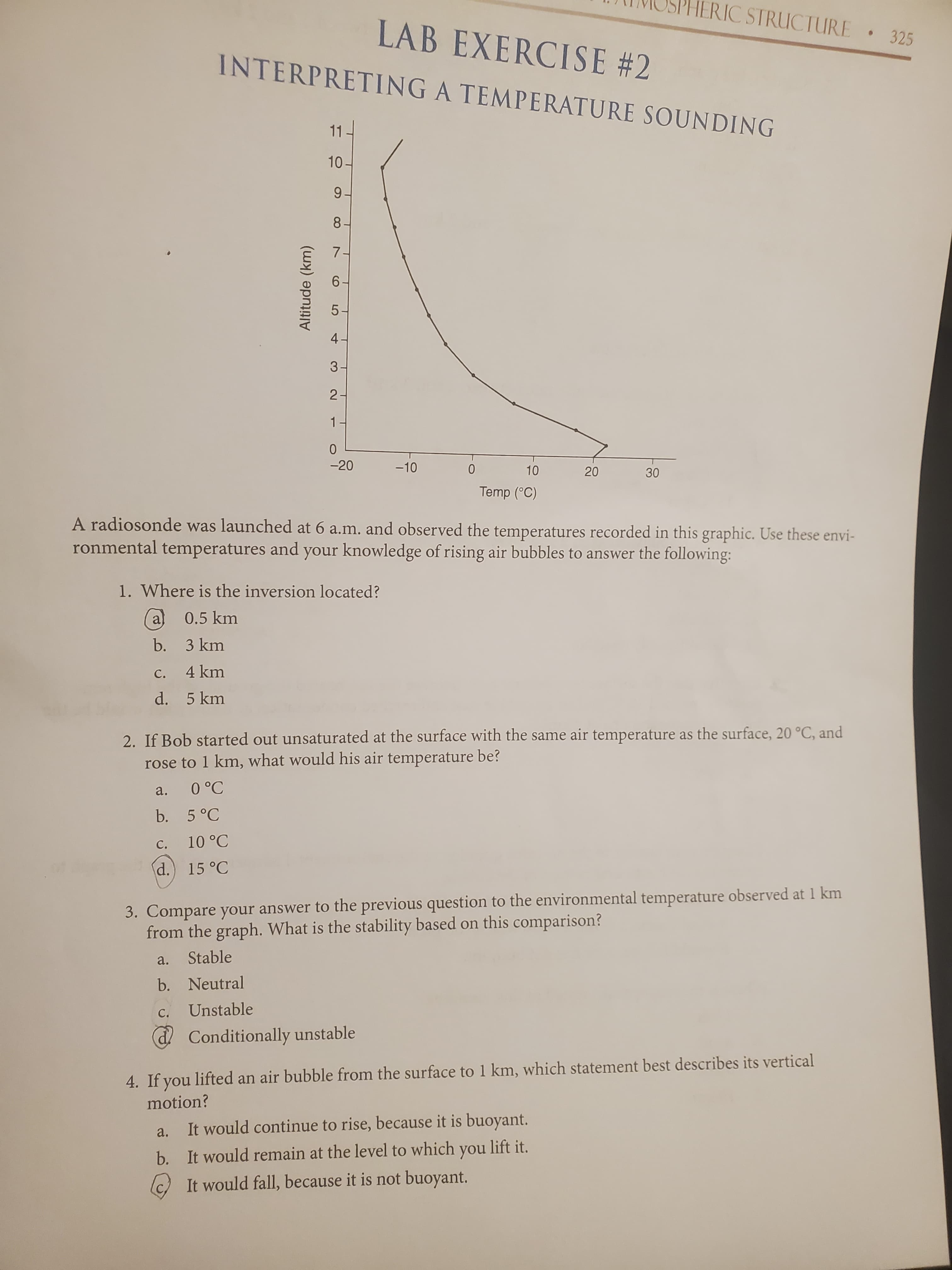 Altitude (km)
IERIC STRUCTURE 325
LAB EXERCISE #2
INTERPRETING A TEMPERATURE SOUNDING
10-
9.
8.
7.
6-
4-
3-
2-
1.
-20
-10
(ɔ) dwel
A radiosonde was launched at 6 a.m. and observed the temperatures recorded in this graphic. Use these envi-
ronmental temperatures and your knowledge of rising air bubbles to answer the following:
1. Where is the inversion located?
a
0.5 km
b. 3 km
c. 4 km
d. 5 km
2. If Bob started out unsaturated at the surface with the same air temperature as the surface, 20 °C, and
rose to 1 km, what would his air temperature be?
0°C
b. 5°C
a.
C.
d.) 15 °C
3. Compare your answer to the previous question to the environmental temperature observed at 1 km
from the graph. What is the stability based on this comparison?
a.
Stable
b. Neutral
Unstable
d Conditionally unstable
4. If you lifted an air bubble from the surface to 1 km, which statement best describes its vertical
motion?
a.
It would continue to rise, because it is buoyant.
b. It would remain at the level to which you lift it.
c) It would fall, because it is not buoyant.
