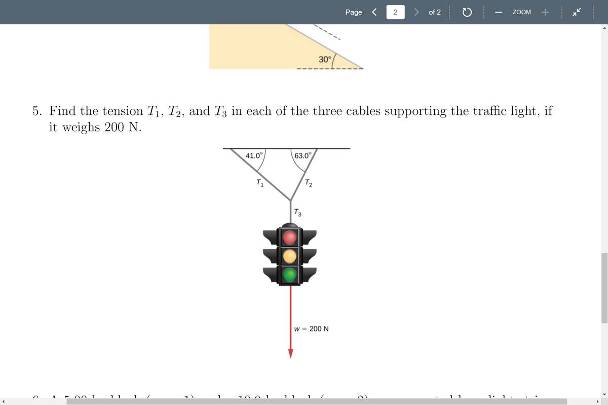 Page <
2
of 2
ZOOM
30°
5. Find the tension T,
it weighs 200 N.
T2, and T3 in each of the three cables supporting the traffic light, if
41.0°
63.0°
T1
T2
T3
w = 200 N
11
1: 1
--------
--------
