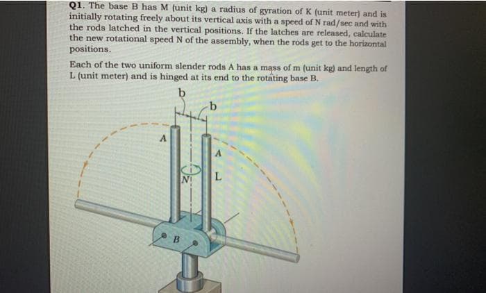 Q1. The base B has M (unit kg) a radius of gyration of K (unit meter) and is
initially rotating freely about its vertical axis with a speed of N rad/sec and with
the rods latched in the vertical positions. If the latches are released, calculate
the new rotational speed N of the assembly, when the rods get to the horizontal
positions.
Each of the two uniform slender rods A has a mass of m (unit kg) and length of
L (unit meter) and is hinged at its end to the rotating base B.
b
b.
NT
B
