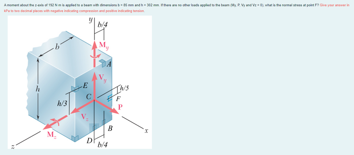 A moment about the z-axis of 192 N-m is applied to a beam with dimensions b = 85 mm and h = 302 mm. If there are no other loads applied to the beam (My, P, Vy and Vz = 0), what is the normal stress at point F? Give your answer in
kPa to two decimal places with negative indicating compression and positive indicating tension.
b/4
М,
h
E
Ihis
F
h/3
В
M.
D
b/4
