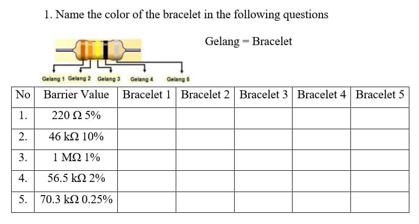 1. Name the color of the bracelet in the following questions
Gelang = Bracelet
Gelang 1 Gelang 2 Gelang 3 Gelang 4 Gelang 5
No Barrier Value
Bracelet 1 Bracelet 2 Bracelet 3 Bracelet 4 Bracelet 5
1.
220 2 5%
2.
46 kΩ 10%
3.
1 ΜΩ 1%
4.
56.5 kΩ 2%
5. 70.3 k2 0.25%
