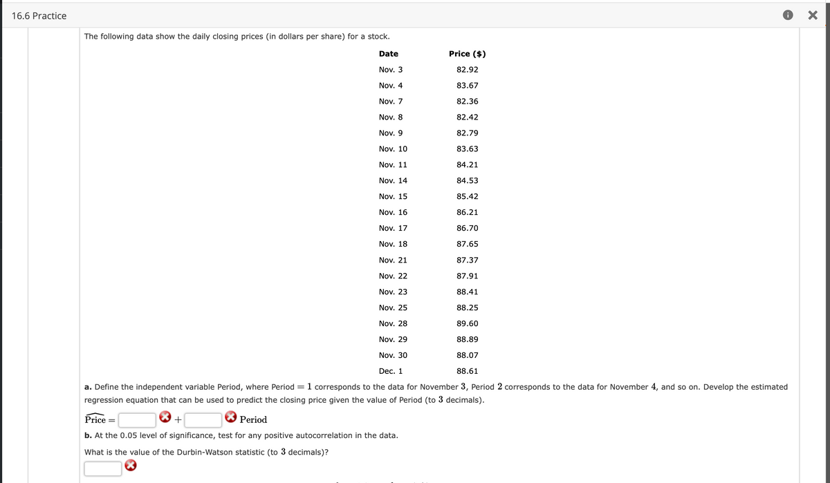 16.6 Practice
The following data show the daily closing prices (in dollars per share) for a stock.
Date
Nov. 3
82.92
Nov. 4
83.67
Nov.
82.36
Nov.
82.42
Nov.
82.79
Nov. 10
83.63
Nov. 11
84.21
Nov. 14
84.53
Nov. 15
85.42
Nov. 16
86.21
Nov. 17
86.70
Nov. 18
87.65
Nov. 21
87.37
Nov. 22
87.91
Nov. 23
88.41
Nov. 25
88.25
Nov. 28
89.60
Nov. 29
88.89
88.07
Nov. 30
Dec. 1
88.61
a. Define the independent variable Period, where Period 1 corresponds to the data for November 3, Period 2 corresponds to the data for November 4, and so on. Develop the estimated
regression equation that can be used to predict the closing price given the value of Period (to 3 decimals).
Price =
Period
b. At the 0.05 level of significance, test for any positive autocorrelation in the data.
What is the value of the Durbin-Watson statistic (to 3 decimals)?
Price ($)
+
X
