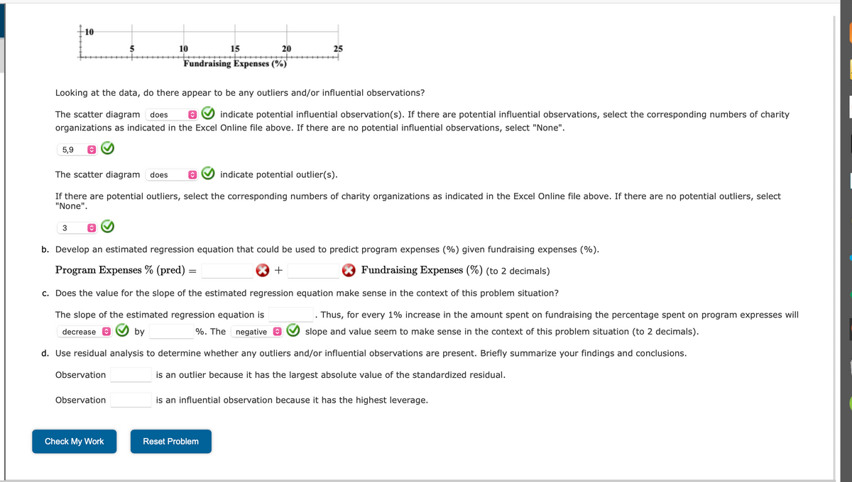 **Analysis of Outliers and Influential Observations in Fundraising Expenses Data**

**a. Identification of Outliers and Influential Observations**

*Scatter Diagram Analysis*
Looking at the provided scatter diagram, we need to determine if there are any outliers or influential observations.

- The scatter diagram **does** indicate potential influential observation(s). If any potential influential observations exist, the corresponding numbers of charity organizations as shown in the Excel Online file should be selected. If no influential observations are detected, select "None".

Numbers detected: **5, 9**

- The scatter diagram **does** indicate potential outlier(s). Again, if potential outliers exist, select the corresponding numbers of charity organizations as indicated in the Excel Online file. If there are no potential outliers, select "None".

Numbers detected: **3**

**b. Regression Equation Development**

To predict program expenses (%) given fundraising expenses (%), an estimated regression equation needs to be developed.

The regression equation format is:
\[ \text{Program Expenses \% (pred)} = \text{Intercept} + (\text{Slope} \times \text{Fundraising Expenses \%}) \]

**c. Slope Value Interpretation**

- The slope of the estimated regression equation is **-0.56**. This implies that for every 1% increase in fundraising expenses, the program expenses percentage **decreases** by 0.56%. The negative slope and value seem to make sense in this context (to 2 decimal places).

**d. Residual Analysis**

To determine whether any outliers and/or influential observations are present, a residual analysis is performed.

- Observation **3** is an outlier because it has the largest absolute value of the standardized residual.
- Observation **9** is an influential observation because it has the highest leverage.

**Note**: Complete the provided answers based on the specific values from your analysis and data.

**Learning Check**
Utilize the "Check My Work" and "Reset Problem" buttons to verify and reset your solutions respectively. This can help ensure your understanding and correct application of statistical methods to explore and predict trends in data.