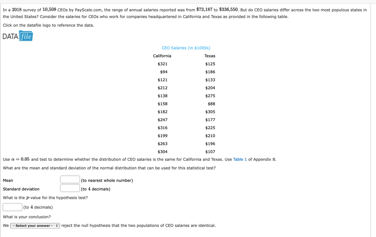 In a 2018 survey of 10,508 CEOS by PayScale.com, the range of annual salaries reported was from $73,187 to $336,550. But do CEO salaries differ across the two most populous states in
the United States? Consider the salaries for CEOs who work for companies headquartered in California and Texas as provided in the following table.
Click on the datafile logo to reference the data.
DATA file
Mean
California
$321
$94
$121
$212
$138
$158
$182
$247
$316
$199
$263
$304
Use a =
0.05 and test to determine whether the distribution of CEO salaries is the same for California and Texas. Use Table 1 of Appendix B.
What are the mean and standard deviation of the normal distribution that can be used for this statistical test?
(to nearest whole number)
(to 4 decimals)
CEO Salaries (in $1000s)
Standard deviation
What is the p-value for the hypothesis test?
(to 4 decimals)
What is your conclusion?
We Select your answer -
Texas
$125
$186
$133
$204
$275
$88
$305
$177
$225
$210
$196
$107
reject the null hypothesis that the two populations of CEO salaries are identical.