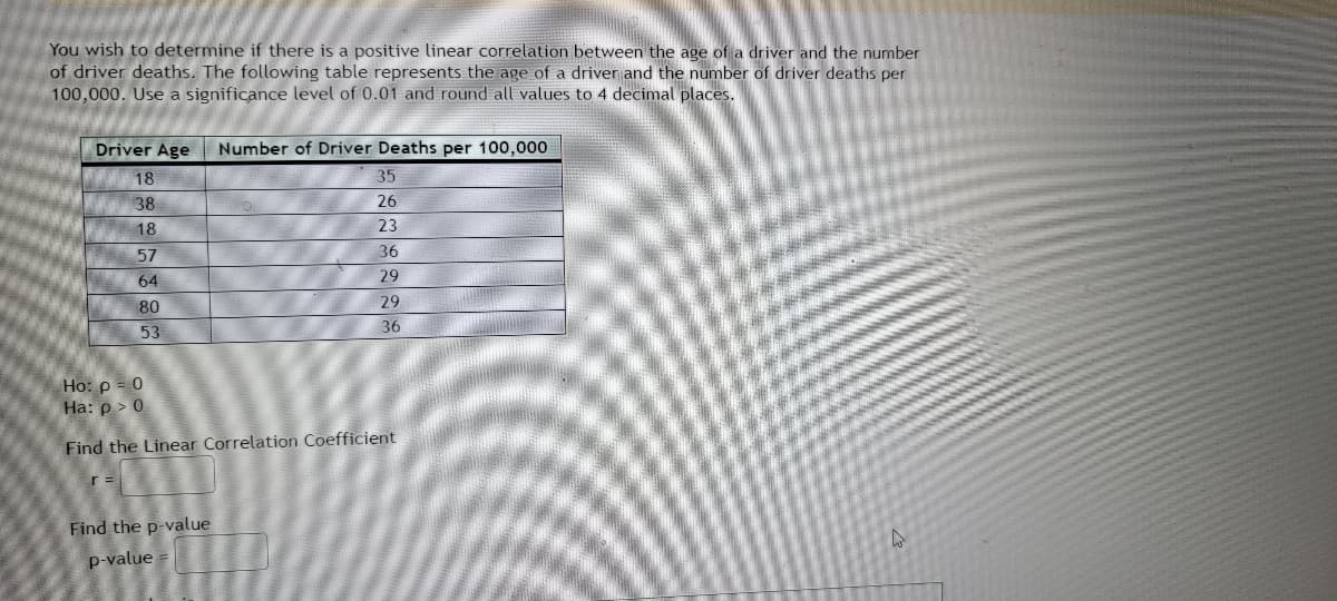 ---

### Exploring Correlation Between Driver Age and Driver Deaths

In this exercise, we aim to determine if there is a positive linear correlation between the age of a driver and the number of driver deaths. The table below presents the relationship between the age of a driver and the number of driver deaths per 100,000 drivers. A significance level of 0.01 will be used for this analysis, and all values will be rounded to four decimal places.

#### Data Table: Driver Age vs. Number of Driver Deaths per 100,000

| **Driver Age** | **Number of Driver Deaths per 100,000** |
|:--------------:|:--------------------------------------:|
| 18             | 35                                     |
| 38             | 26                                     |
| 18             | 23                                     |
| 57             | 36                                     |
| 64             | 29                                     |
| 80             | 29                                     |
| 53             | 36                                     |

#### Hypothesis Testing

- **Null Hypothesis (Ho):** ρ = 0 
- **Alternative Hypothesis (Ha):** ρ > 0

#### Analysis

##### 1. Calculate the Linear Correlation Coefficient
- Denoted as **r**, the linear correlation coefficient will quantify the strength and direction of the linear relationship between driver age and the number of driver deaths.

\[ r = \_ \_ \_ \_ \_ \_ \_ \_ \]

##### 2. Determine the p-value
- The **p-value** will help in testing the null hypothesis. A p-value lower than 0.01 would indicate that we can reject the null hypothesis in favor of the alternative hypothesis, supporting the presence of a positive linear correlation.

\[ p\text{-value} = \_ \_ \_ \_ \_ \_ \_ \_ \]

---

By filling in these values, students will gain insight into statistical methods, specifically linear correlation and hypothesis testing.
