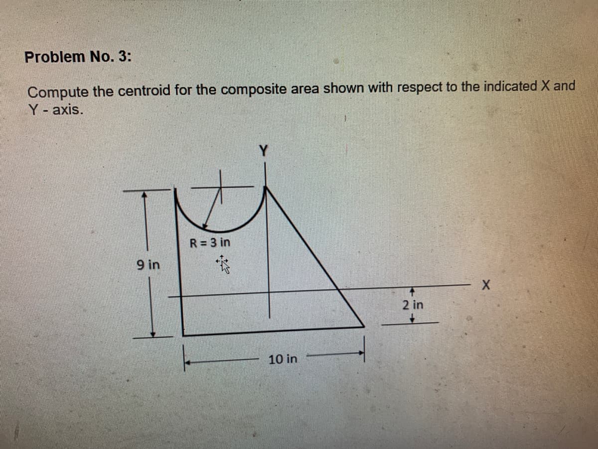 Problem No. 3:
Compute the centroid for the composite area shown with respect to the indicated X and
Y-axis.
R = 3 in
9 in
2 in
10 in
