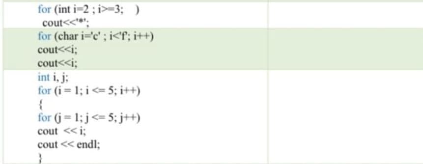 for (int i=2; i>-3; )
cout<<*.
for (char i='c'; i<'f; i++)
cout<<i;
cout<<i;
int i, j;
for (i = 1; i<= 5; i++)
for (j = 1; j<= 5; j++)
cout <<i;
cout << endl;
