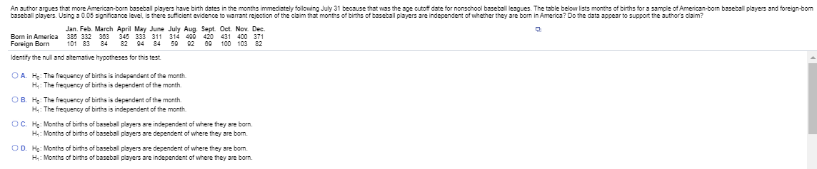 An author argues that more American-born baseball players have birth dates in the months immediately following July 31 because that was the age cutoff date for nonschool baseball leagues. The table below lists months of births for a sample of American-bom baseball players and foreign-bom
baseball players. Using a 0.05 significance level, is there sufficient evidence to warrant rejection of the claim that months of births of baseball players are independent of whether they are born in America? Do the data appear to support the author's claim?
Jan. Feb. March April May June July Aug. Sept. Oct. Nov. Dec.
345 333 311 314 499 420
Bom in America
Foreign Born
385 332 383
101 83
431 400 371
100 103
82
84
82
94
84
59
92
69
Identify the null and alternative hypotheses for this test
O A. H: The frequency of births is independent of the month.
H: The frequency of births is dependent of the month.
OB. H: The frequency of births is dependent of the month.
H: The frequency of births is independent of the month.
OC. H: Months of births of baseball players are independent of where they are born.
H: Months of births of baseball players are dependent of where they are bom.
OD. H: Months of births of baseball players are dependent of where they are bom.
H: Months of births of baseball players are independent of where they are born.
