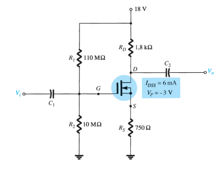 18 V
Rp 1,8 k2
R110 M2
C2
D
IDss = 6 mA
Vp = -3 V
G
V; o-
R10 MQ
Rs
750 2
