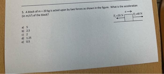 5. A block of m= 20 kg is acted upon by two forces as shown in the figure. What is the acceleration
(in m/s²) of the block?
a) 5
b) 2.5
c) 2
d) 1.25
e) 0.5
F₂-30 N
a-
F-40 N