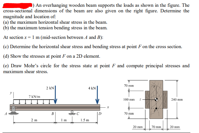 An overhanging wooden beam supports the loads as shown in the figure. The
cross-sectional dimensions of the beam are also given on the right figure. Determine the
magnitude and location of:
(a) the maximum horizontal shear stress in the beam.
(b) the maximum tension bending stress in the beam.
At section x= 1 m (mid-section between A and B):
(c) Determine the horizontal shear stress and bending stress at point F on the cross section.
(d) Show the stresses at point F on a 2D element.
(e) Draw Mohr's circle for the stress state at point F and compute principal stresses and
maximum shear stress.
70 mm
2 kN
4 kN
7 kN/m
100 mm
240 mm
B
D.
70 mm
2 m
I m
1.5 m
20 mm
70 mm
20 mm
