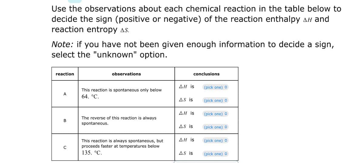 Use the observations about each chemical reaction in the table below to
decide the sign (positive or negative) of the reaction enthalpy AH and
reaction entropy as.
Note: if you have not been given enough information to decide a sign,
select the "unknown" option.
reaction
observations
conclusions
ΔΗ is
(pick one) O
This reaction is spontaneous only below
A
64. °C.
AS is
(pick one) O
ΔΗ is
(pick one) O
The reverse of this reaction is always
В
spontaneous.
AS is
(pick one) O
ΔΗ is
This reaction is always spontaneous, but
proceeds faster at temperatures below
(pick one) O
135. °С.
AS is
(pick one)
