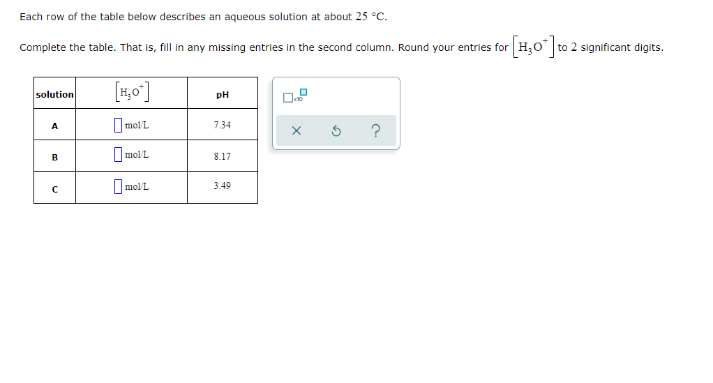 Each row of the table below describes an aqueous solution at about 25 °C.
H;0" to 2 significant digits.
Complete the table. That is, fill in any missing entries in the second column. Round your entries for
[4,0]
solution
pH
I molL
A
7.34
Imol L
8.17
B
I molL
3 49
