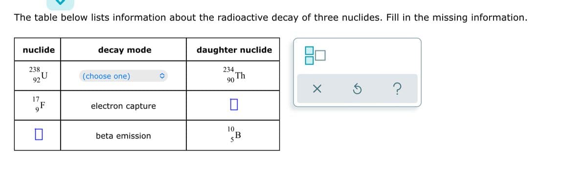 The table below lists information about the radioactive decay of three nuclides. Fill in the missing information.
nuclide
decay mode
daughter nuclide
238
234
90
Th
92
×
Ś ?
17
10
5
0
(choose one)
electron capture
beta emission
B