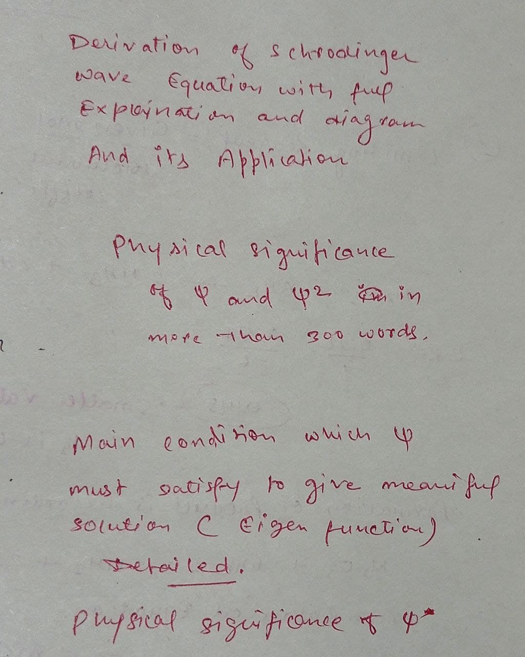 Devivation schooolinger
wave
Equation with fuep
and aiagram
And its Applicalion
Expoination
Physical siguiticance
o P and 42 Da in
more thoin
300 words,
Main eondon which
must satispy to give meani fuf
solution c Eigen function)
Detailed.
puysical sigeificonce of go *
