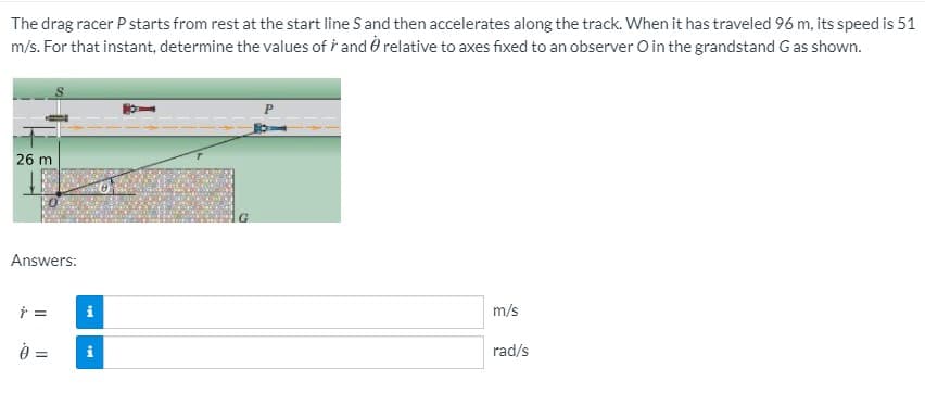 The drag racer P starts from rest at the start line S and then accelerates along the track. When it has traveled 96 m, its speed is 51
m/s. For that instant, determine the values of ř and ở relative to axes fixed to an observer O in the grandstand G as shown.
26 m
Answers:
i
m/s
=
rad/s
