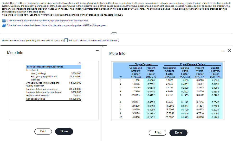 FootballComm LLC is a manufacturer of devices for football coaches and their coaching staffs that enables them to quickly and effectively communicate with one another during a game through a wireless sideline headset
system. Currently, the company purchases all of the headsets included in their systems from a China-based supplier, but they have experienced a significant decrease in overall headset quality. To correct the problem, the
company is considering producing their own headsets in-house. The company estimates that the transition will take place over 12 months. The system is expected to have an eight-year service life and produce savings
and expenditures given in the table below.
If the firm's MARR is 15%, use the NPW method to calculate the economic worth of producing the headsets in house.
Click the icon to view the table for the savings and expenditures of the system.
Click the icon to view the interest factors for discrete compounding when MARR = 15% per year.
The economic worth of producing the headsets in house is $ thousand. (Round to the nearest whole number.
- X
More Info
More Info
Single Payment
In-House Headset Manufacturing
Investment
Compound Present
Amount
Factor
Worth
Now (building)
Equal Payment Series
Sinking Present
Fund
Worth
Factor
Factor
(A/F, i, N) (P/A, i, N)
0.8696
$500,000
Compound
Amount
Factor
(F/A, i, N)
1.0000
$2,200,000
(F/P, i, N)
Factor
(P/F, i, N)
0.8896
First year (equipment and
facilities)
1.1500
1.0000
$5,000,000
Annual savings in materials and
quality inspection
1.3225
0.7561
2.1500
0.4651
1.6257
1.5209
0.6575
3.4725
0.2880
2.2832
$1,500,000
Incremental annual expenses
Incremental annual income taxes
$800,000
1.7490
0.5718
4.9934
0.2003
2.8550
Economic service life
2.0114
0.4972
6.7424
0.1483
3.3522
8 years
$1,500,000
Net salvage value
2.3131
0.4323
8.7537
0.1142
3.7845
2.6600
0.3759
11.0668
0.0004
4.1604
3.0590
0.3269
13.7268
0.0729
4.4873
3.5179
0.2843
16.7858
0.0596
4.7716
4.0458
0.2472
20.3037
0.0493
5.0188
Print
Done
N
1
2
3
4
5
6
7
8
9
10
Print
Done
Capital
Recovery
Factor
(A/P, i, N)
1.1500
0.6151
0.4380
0.3503
0.2983
0.2642
0.2404
0.2229
0.2096
0.1993