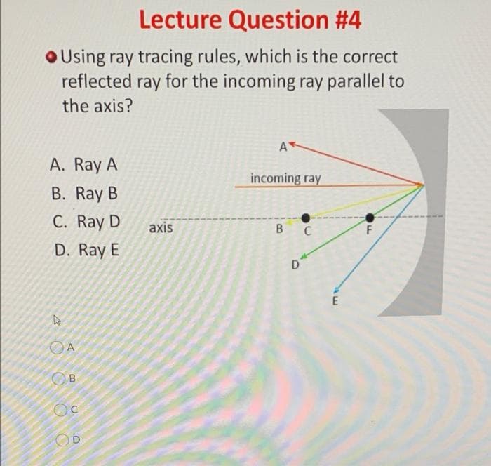 Lecture Question #4
Using ray tracing rules, which is the correct
reflected ray for the incoming ray parallel to
the axis?
A
A. Ray A
incoming ray
B. Ray B
C. Ray D
axis
в с
F
D. Ray E
D
E
A
B.
Oc
O D
